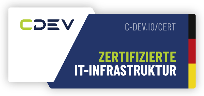 Siegel: cDev zertifizierte IT-Infrastruktur (c-dev.io/cert)